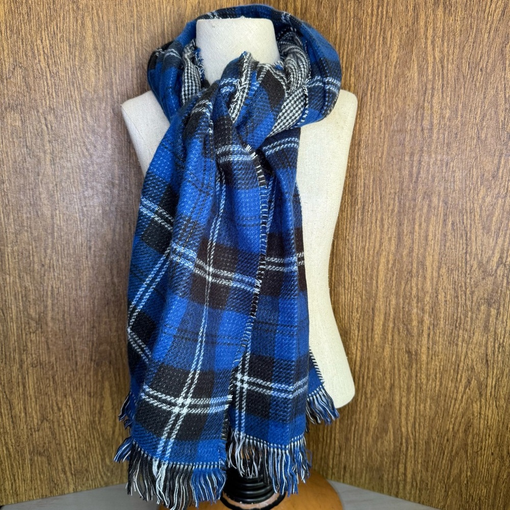 Chaps Oversized Reversible Scarf Plaid & Houndstooth Fringe‎ Winter Wrap 25x72